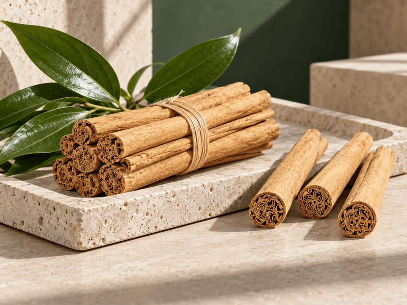 SPICEUP Cinnamon Core can on sandstone with cinnamon sticks and mint