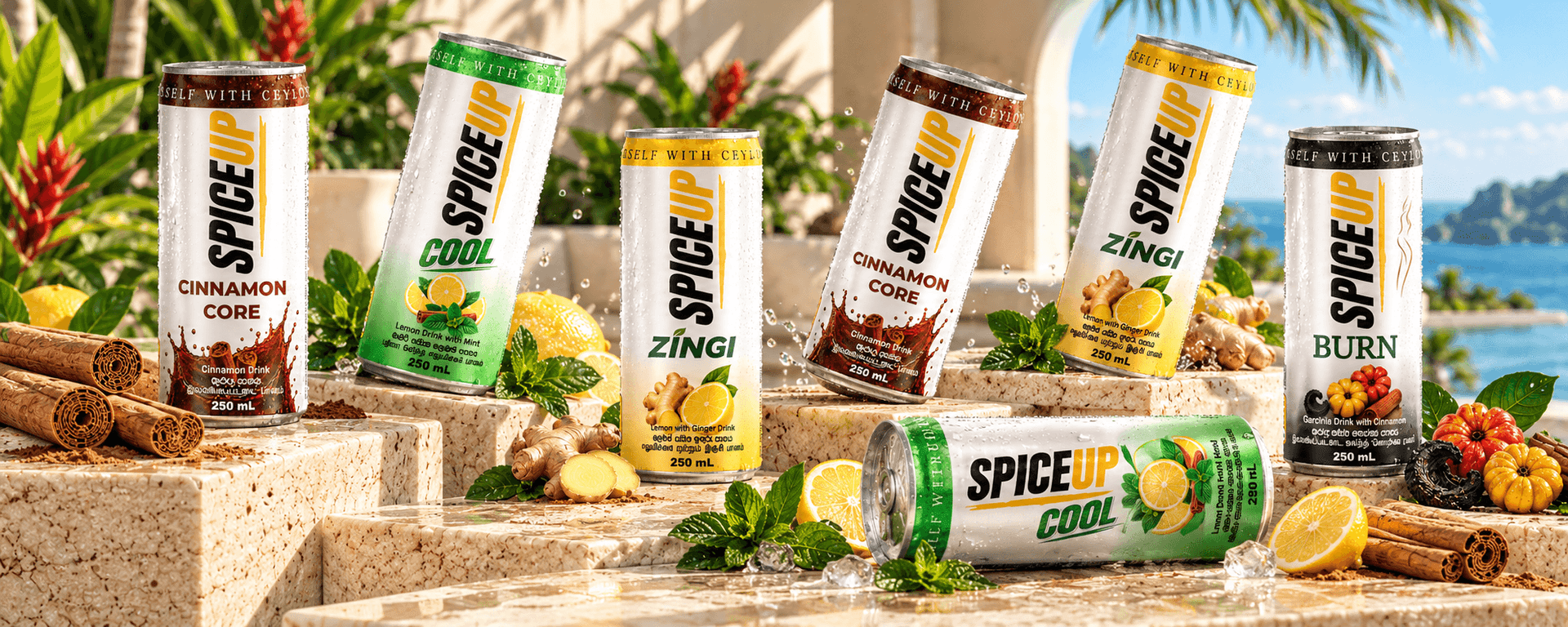 Six SPICEUP cans on sunlit sandstone with cinnamon, ginger and lemon
